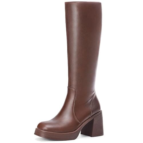 Choiran Black Knee High Boots for Women - Wide Calf Platform Tall Boots Square Toe Chunky Block Heeled Gogo Boots - Image 1