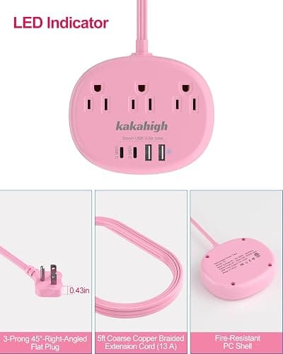 Pink Extension Cord with Surge Protected 1080J - 5 FT Kawaii Power Strip, 1625W Cute Extension Cord with 3 AC Outlet 4 USB (24W/4.8A), Compact for Cute Pink Kawaii Desk Home Essentials thumbnail 7