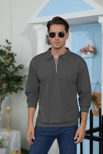 Lexiart Mens Long Sleeve Polo Shirts-Casual Thermal Loose Fit Pullover Quarter Zip Sweatshirts thumbnail 2