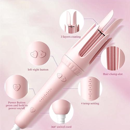 MinHuang Auto Hair Curler, Automatic Curling Iron,1.25 inches, Automatic Shut-Off, Anti-Scald, Anti-Tangle, Negative Ion,Anti-Tangle Rotating Curling Wand for Women Hair Styling,Pink thumbnail 5
