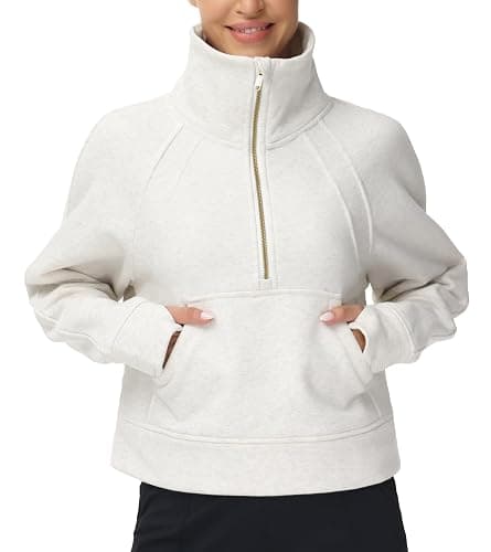 THE GYM PEOPLE Womens' Half Zip Pullover Fleece Stand Collar Crop Sweatshirt with Pockets Thumb Hole thumbnail 3