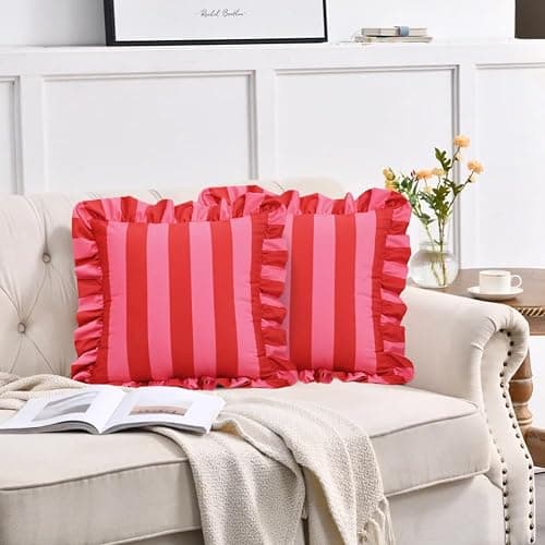 vctops Ruffle Square Throw Pillow Covers Boho Pink and Red Striped Decorative Pillowcases Set of 2, Soft Velvet Accent Cushion Cover Cases for Sofa Bed Living Room Decor (Pink,18"x18") thumbnail 2
