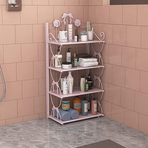 BOOMALTU Cute 4-Tier Folding Metal Shelving Bathroom Shelf,Pink Shelves Pink Bookshelf with Bow and Flowers Decor for Storage and Display in Living Room, Bathroom, Office, Kitchen thumbnail 5