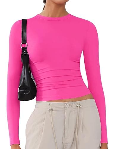 Women's Soft Long Sleeve Shirts Crew Neck Tops Basic Tees Stretchy Going Out Crop Tops Y2K Slim Fit T-Shirts - Image 1