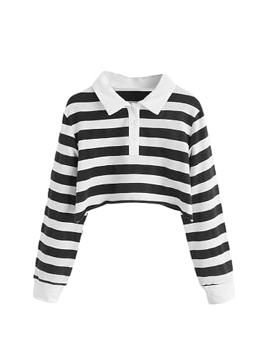 Floerns Girls Striped Print Long Sleeve Half Button Collar Crop Tops - Image 1