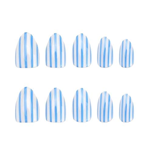 Short Almond Press on Nails Blue White Striped Line Fake Nails Decoration | Glossy Cute Acyrlic False Nails Nature Reusable Full Cover Stick on Nails for Women Manicure 24Pcs thumbnail 2