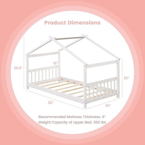 GORELAX Twin Size Floor Kid House Bed with Roof & Wooden Slats | Montessori Floor Bed, No Box Spring Needed, Wood Twin Size Platform Bed Frame for Boys, Girls (White, Twin) thumbnail 2