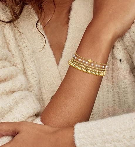 Gold Beaded Bracelets for Women, 14K Real Gold Plated Jewelry for Women Dainty Pearl Bead Bracelets Stack, Non Tarnish Trendy Stackable Ball Cross Stretch Bracelet Set Fashion Accessories Gifts for Women - Gold cross bead thumbnail 7
