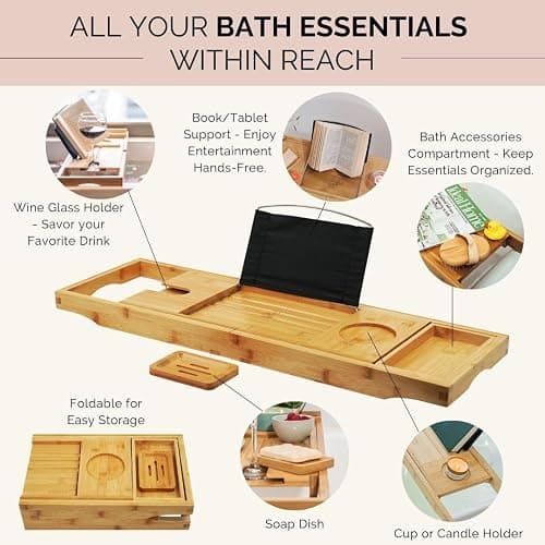 Bath Pillow and Bathtub Tray Set for Tub | Luxurious, Relaxing Home Spa Accessories with Bath Tub Pillows for Head and Neck, Foldable Bath Tray Caddy Organizer | Relaxation Gifts for Women Self Care thumbnail 3