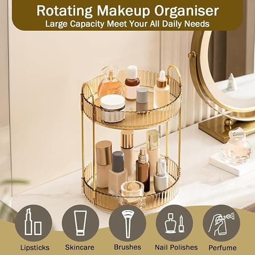Cnwinu Make Up Organizer Drehbar,Schminktisch Organizer Rund,badezimmer organizer,Parfüm Regal,Beauty Organizer,Kosmetik Organizer für Kosmetik Skincare Parfum (2 Schichten Champagnergold) thumbnail 5