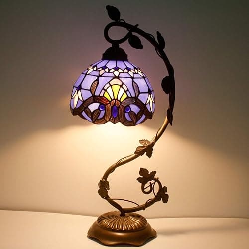 WERFACTORY Tiffany Table Lamp Blue Purple Stained Glass Baroque Style Reading Desk Light, Metal Leaf Base 8X10X21 Inches Decor Small Space Bedside Bedroom Home Office S003C Series thumbnail 4