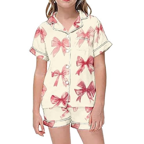 Pink Puff 2 Piece Outfits for Girls Bow Printed Pajam𝙖 Set Silk Lapel Button Down Short Sets Cute Preppy Clothing Sets 2-13Y thumbnail 4