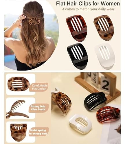 4PCS Flat Hair Clips for Women Girls, Flat Claw Clips, Strong Hold French Claw Clips for Thick Thin Hair, Casual Versatile Solid Colour Lay Flat Hair Clip (4PCS-A) thumbnail 5