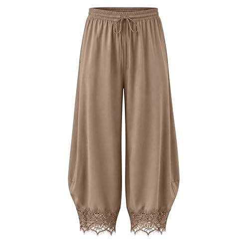 Womens Cropped Lace Trim Pants High Waisted Elastic Drawstring Wide Leg Trousers Casual Flowy Boho Pant with Pockets thumbnail 4