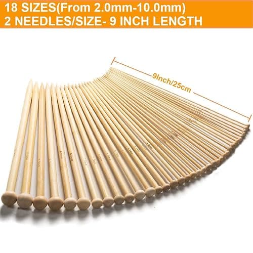 36PCS Bamboo Knitting Needles Set, BetyBedy Single Pointed Knitting Needles, 9 Inches Length Knitting Crochet Supplies for Beginners Handmade (18 Sizes from 2.0mm-10.0mm) thumbnail 4