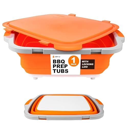 Drip EZ Collapsible BBQ Prep Tub- for Meal Prep Marinating Food Storage - Includes Cutting Board & Locking Lid - (1) OG - Orange - Image 1