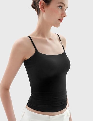 PUMIEY Women's Square Neck Tank Top Adjustable Spaghetti Straps Sleeveless Basic Tops Sharp Collection - Medium - Jet Black thumbnail 3