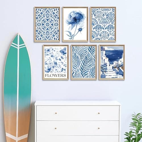 GOMAKERER 6 Pcs Blue Coastal Wall Art Prints, Blue White Wall Art Aesthetic Posters Light Blue Pictures Wall Decor for Bedroom Gallery Home Decoration, (20.5x25.5cm Unframed) - Blue Ceramic Pattern thumbnail 6