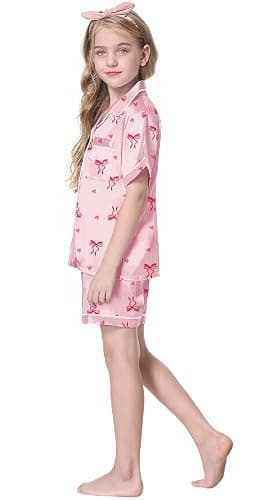 1. Schbbbta Girls 3 Pieces Pajamas Sets Silk Satin Sleepwear Button Down Short Sleeve Pjs Outfits thumbnail 3