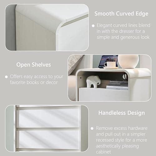 Aitjunz 25" Tall Modern Nightstand with Charging Station, 23.6'' Wide Wood Bedside Table w/2 Storage Drawers, Large Mid Century End Table for Bedroom, Living Room, Curved Profile Design, White thumbnail 5
