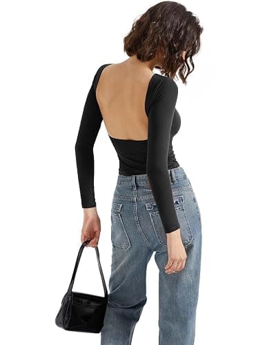 SUUKSESS Women Backless Going Out Tops Double Lined Open Back Basic Long Sleeve thumbnail 7