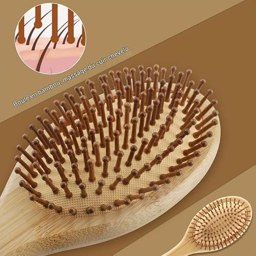 Brosse bambou cheveux,brosse cheveux bois,antistatique, pour hommes, femmes et enfants, pour cheveux longs et épais et pour cheveux lisses et bouclés, design anti-frisottis(rond) thumbnail 4