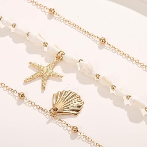 Seashell Starfish Necklace for Women Summer Pearl Beach Conch Shell 14k Gold Layered Dainty Choker thumbnail 3