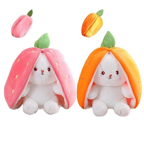 Mukorolee 2PCS Plush Toy Pillow, Reversible Carrot Strawberry Bunny Plush with Zipper, Easter Bunny Stuffed Animal Cute Rabbit Plushie Birthday Gift for Boys Girls Kids (2pcs 7" Strawberry&Carrot) - Image 1
