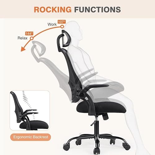 Sweetcrispy Office Computer Desk Chair, Ergonomic High-Back Mesh Rolling Work Chairs with Wheels and Adjustable Headrests, Comfortable Lumbar Support, Comfy Flip-up Arms for Home, Bedroom, Study,Black thumbnail 5