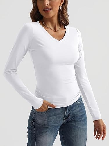 Trendy Queen Long Sleeve Shirts for Women 2025 Fall Fashion V Neck Basics Crop Tops Slim Fitted Y2K Tops Outfits Clothes thumbnail 3