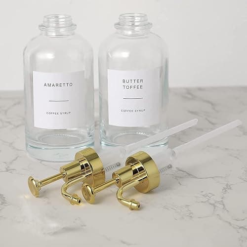 Ezebesta Set of 2 Syrup Dispensers 500ml Glass Bottles with Elegant Pumps and Various Syrup Labels Kitchen Coffee Station Organization - PUMP PATENT REGISTERED thumbnail 8