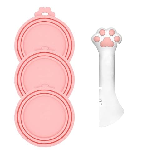 DORUI 3 Pcs Pet Food Can Lids & One Can Spoon | Cute Paw Shape Opener Spatula Cat Wet Food Spoon | Universal BPA Free Silicone Covers for Dog Cat Cans(Pink) - Image 1
