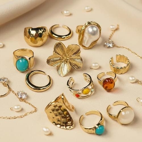UYY Chunky Gold Rings for Women Non Tarnish, Baroque Pearl Flower Tiger's Eye Stone Rings Adjustable Stacking Statement Rings Set Fashion Jewelry Gifts thumbnail 7