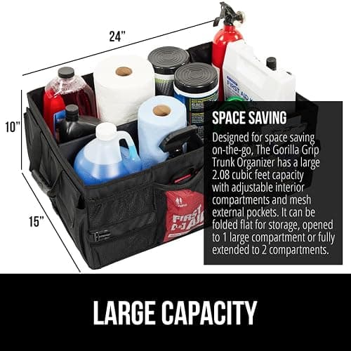 GORILLA GRIP Large Capacity Sturdy Trunk Storage Organizer, Slip and Water Resistant Collapsible Organization Container, Holiday Gifts for Men, Women, Multi Compartment Car or SUV Accessories, Black thumbnail 2