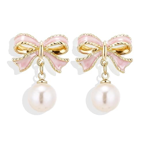 Bow Earrings for Women Trendy Stuff Cute Bow Pearl Drop Dangle Earrings Bowknot Stud Prom Wedding Party Daily Jewelry Accessory Gifts Pink Dress for Women - Image 1