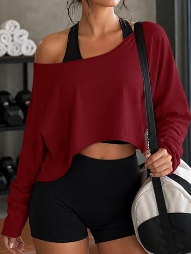Women’s Off the Shoulder Crop Tops Long Batwing Sleeve Boat Neck Shirts | Loose Fit, Workout Basic Tees, Solid Color, Soft Comfortable, Oversized, Y2K, 2026 Fall Trendy, Stretchy, Sexy, Lightweight thumbnail 3