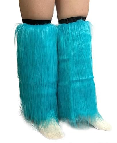 FHQHTH Fuzzy Faux Fur Leg Warmers Fur Heels Long Boots Cuff Cover has Elasticity One Pair Dionysia Boot cover Carnival 18" - Aqua Blue