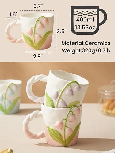 Zigihos Flower Mugs with Handle, Cute Ceramic Coffee Teacups for Women, Floral Girly Mugs for Christmas, 13oz (Pink) thumbnail 2