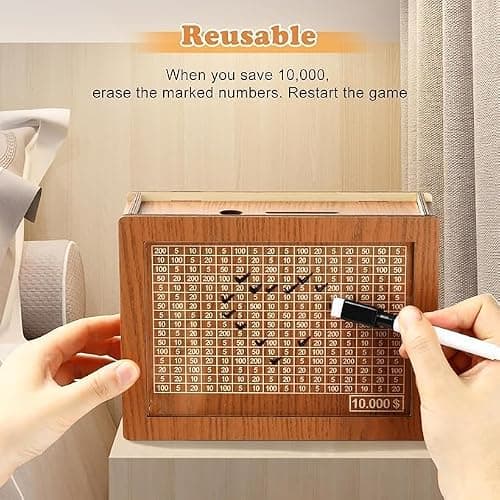 Cash Vault Wooden Savings Box,$10000 Wooden Cash Saver Money Box, Cash Saver Box, Coin Counter Piggy Bank, Money Box with Counter, Wooden Money Box with Money Target and Numbers (Dark Brown) thumbnail 3