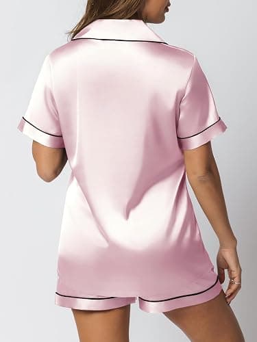 LILLUSORY Silk Satin Pajama Set for Women 2 Piece Lounge Pjs Shorts Matching Summer Sleepwear Button Down Shirt Shorts thumbnail 4