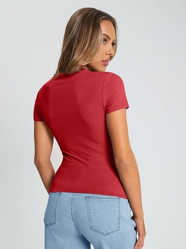 Trendy Queen Womens Stretchy Soft Opaque Basic T Shirts - Slim Fit Short Sleeve Y2k Cute Summer Crop Workout Tops thumbnail 4