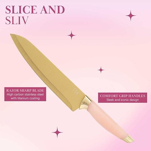 Paris Hilton Bamboo Cutting Board for Kitchen, Reversible Cutting Board and Cutlery Set with High Carbon Stainless Steel Knives and Blade Guards, Comfortable Handle Grips, 7-Piece Set, Gold and Pink thumbnail 5