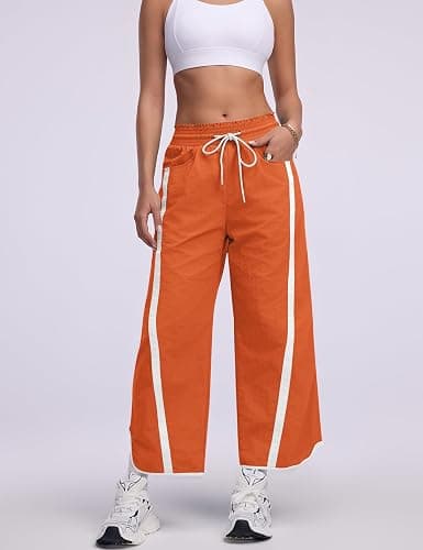 LOMON Womens Baggy Wide Leg Pants 2026 Lightweight Drawstring Contrast Color Elastic Waisted Y2K Track Pants with Pockets thumbnail 5