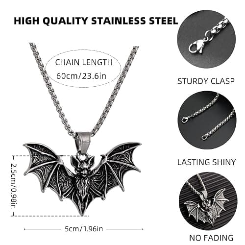 YWMAN Bat Necklace for Men - Stainless Steel Vampire Pendant, Gothic Halloween Goth Jewelry‌ thumbnail 5