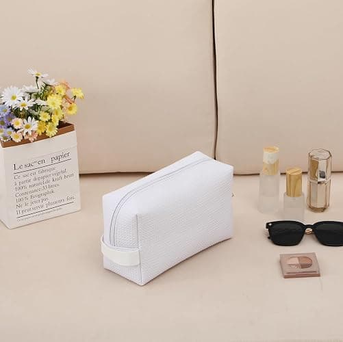DYSHAYEN Small Waffle Makeup Bag for Travel, White | Cotton Material, Zipper Closure, Portable, Organizer for Cosmetic Accessories, Brushes, Skincare thumbnail 2