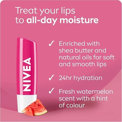 NIVEA Watermelon Shine Lip Balm, Tinted lip balm with shea butter & natural oils for 24hr moisture, Watermelon scent, Lip moisturizer for dry lips, (2 x 4.8g) thumbnail 2