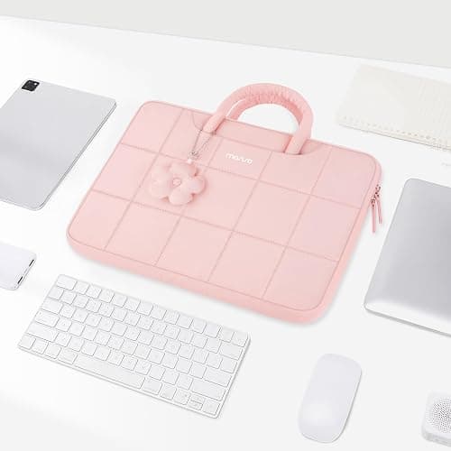 MOSISO 13-14 inch Laptop Case, 13.3 inch Puffy Laptop Sleeve Compatible with MacBook Air 13 13.6/Pro 13/Pro 14,HP Acer Dell ASUS Lenovo, Rectangle Quilted Computer Bag with Handle&Flower Pendant, Pink thumbnail 9