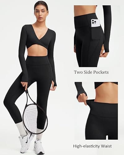 SUUKSESS Women 2 Piece Workout Sets Long Sleeve Twist Deep V Crop Padded Tops Yoga Leggings with Side Pockets thumbnail 4