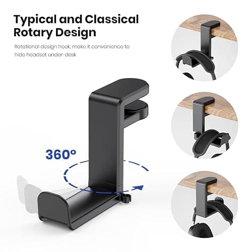 EURPMASK Rotating Headphone Stand - PC Gaming Headset Holder, Adjustable Clamp-on Under Desk Hanger With 360 Degree Swivel & Cable Clip Organizer - Black thumbnail 5