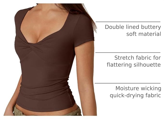 QINSEN Women's Sexy Twist Front V Neck T Shirts Double Lined Short Sleeve Slim Fit Crop Top Trendy Y2K Tops Tee thumbnail 4